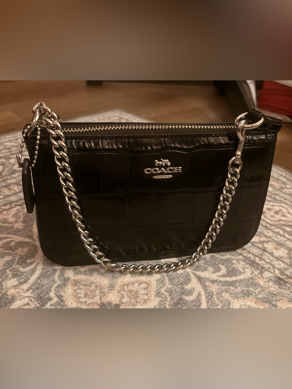 Coach Nolita 19 Crocodile Print Leather Shoulder Bag with Silver Chain
